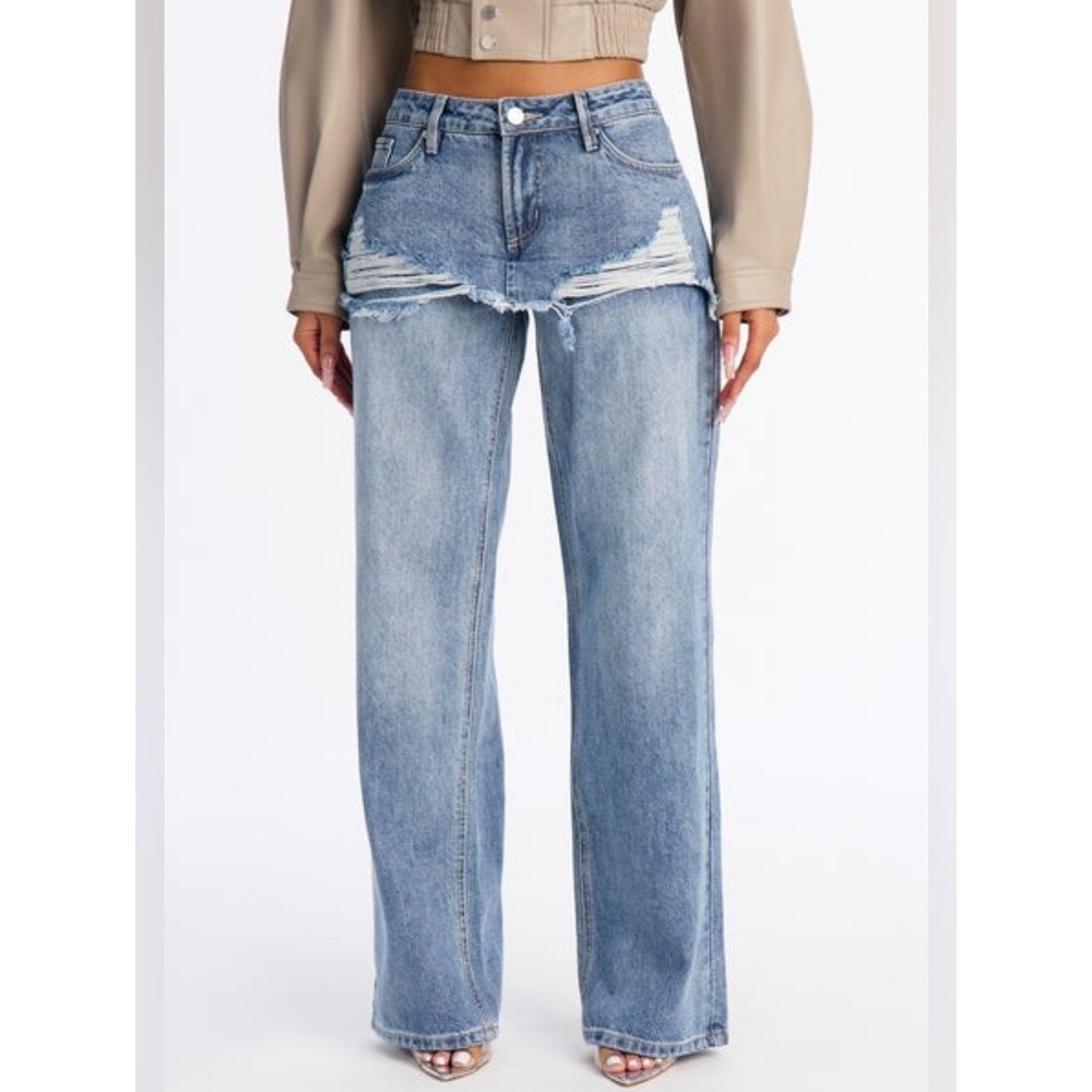 Fashion Nova Distressed Layered Jeans 11 Blue Skirt Overlay Wide-Leg Streetwear